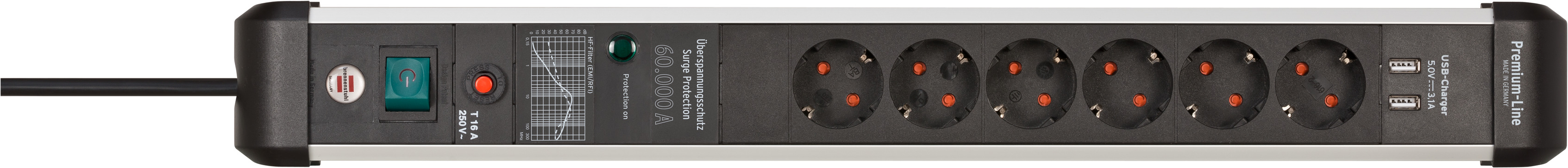 Premium-Protect-Line 60.000A Überspannungsschutz-Steckdosenleiste mit USB-Ladefunktion 6-fach 3m H05VV-F 3G1,5
