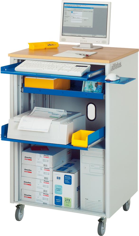 Computer-Tisch B720xT660xH1100 mm RAL 7035/5010 mobil ohne Monitorgehäuse Computer-Tisch B720xT660xH1100 mm RAL 7035/5010 mobil ohne Monitorgehäuse