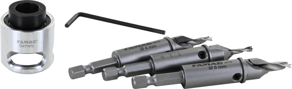 HM-Bohrer-Senker-Satz 4-teilig 3, 4, 5mm mit Tiefenanschlag für Terrassenbau 4tlg. Famag