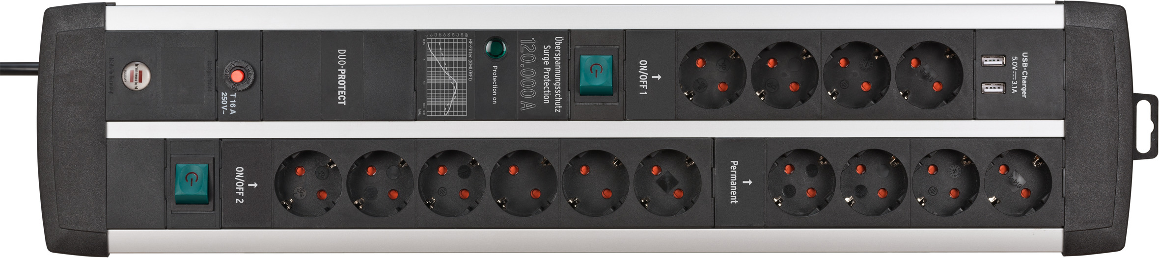 Premium-Protect-Line 120.000A Überspannungsschutz-Steckdosenleiste mit USB-Ladefunktion 14-fach DUO 3m H05VV-F 3G1,5