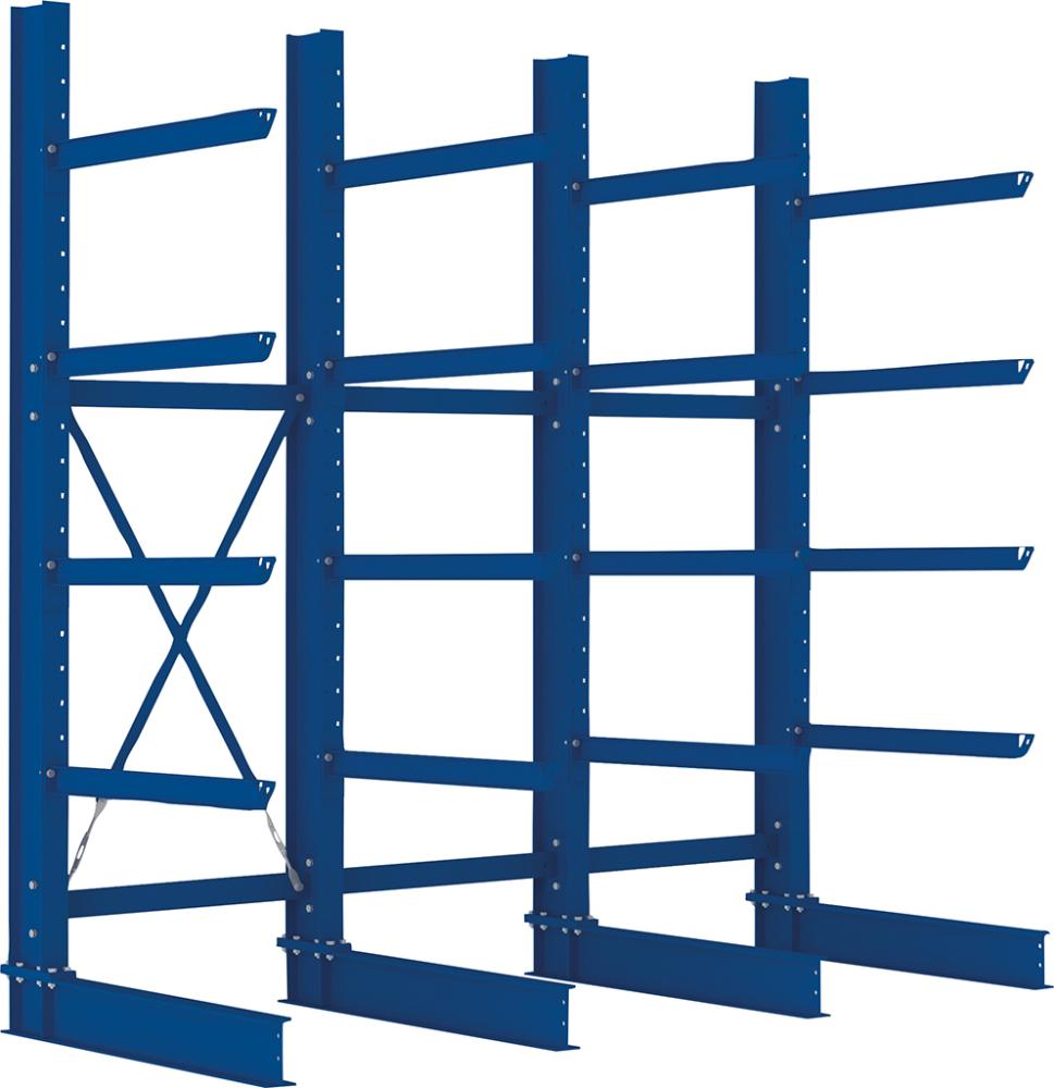 Kragarmregal H 3 Felder B3090xT1000xH3000 mm einseitig RAL 5010 5 Ebenen Traglast 2020kg Kragarmregal H 3 Felder B3090xT1000xH3000 mm einseitig RAL 5010 5 Ebenen Traglast 2020kg