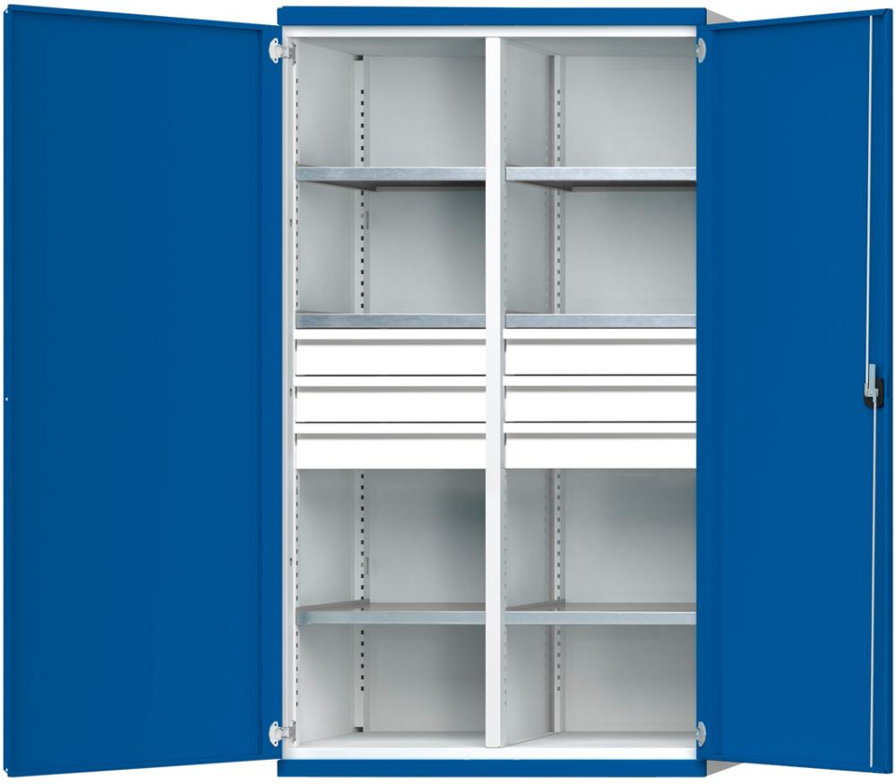 Schwerlastschrank B1085xT630xH1950mm RAL7035/5010 m.Mittelwand6Böden,6Schubladen 100kg Schwerlastschrank B1085xT630xH1950mm RAL7035/5010 m.Mittelwand6Böden,6Schubladen 100kg