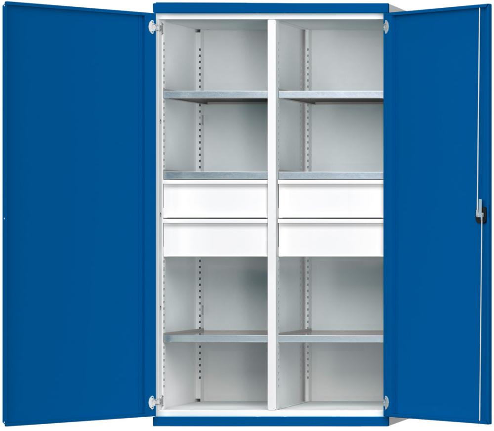 Schwerlastschrank B1085xT630xH1950mm RAL7035/5010 m.Mittelwand6Böden,4Schubladen 100kg Schwerlastschrank B1085xT630xH1950mm RAL7035/5010 m.Mittelwand6Böden,4Schubladen 100kg