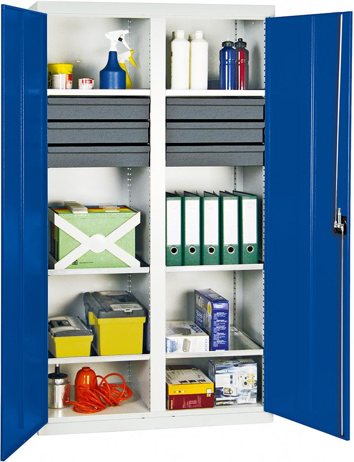 Werkzeugschrank B1000xT500xH1800 mm RAL 7035/5010 6 Schubladen, 6 Wannen Werkzeugschrank B1000xT500xH1800 mm RAL 7035/5010 6 Schubladen, 6 Wannen