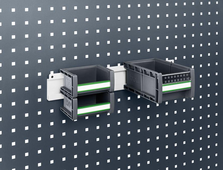 Halteschiene B100xT78 mm für Sichtlagerkästen für Lochplatten bott Halteschiene B100xT78 mm für Sichtlagerkästen für Lochplatten bott