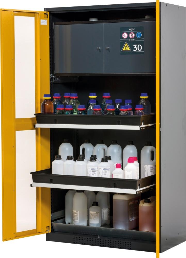 Chemikalienschrank gelb Glas 3 Tablarauszüge