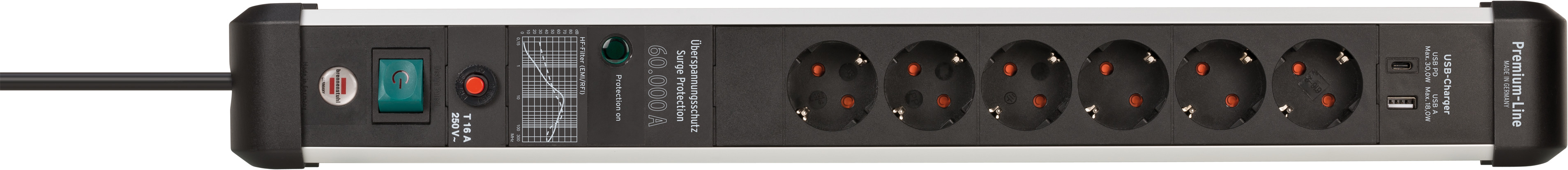 Produktansicht Premium-Protect-Line 60.000A Überspannungsschutz-Steckdosenleiste mit Power Delivery USB-Ladefunktion 6-fach 3m H05VV-F 3G1,5
