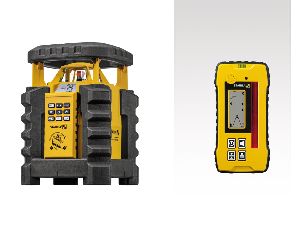 STABILA Rotationslaser LAR 350, 7-teil. Set, selbstnivellierend, manuelle 2-Achsen-Neigung, motorgesteuert, Fernbedienung mit Bewegungssteuerung, wasser- und staubdicht nach IP 65, inkl. Receiver STD