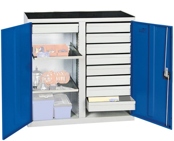 Werkzeugschrank S2000 RAL 7035/5010 Mitteltrennwand, 9 Schubl2 Wannenböden Werkzeugschrank S2000 RAL 7035/5010 Mitteltrennwand, 9 Schubl2 Wannenböden