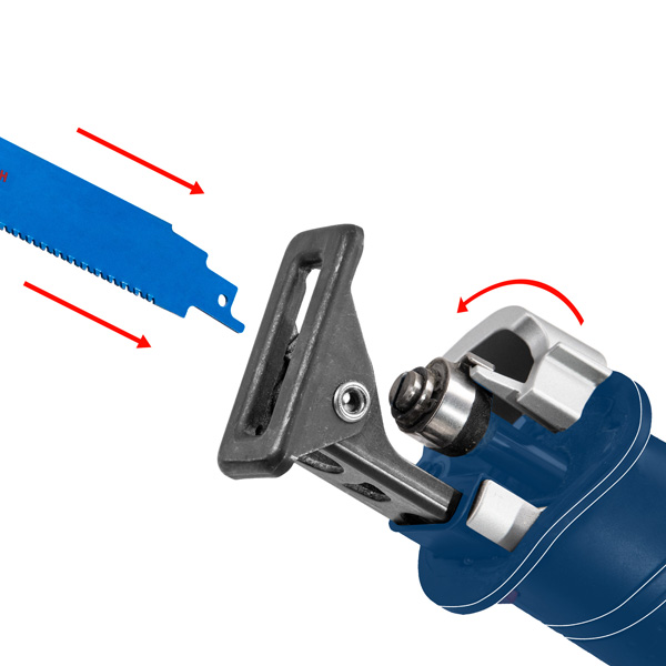 Säbelsäge mit abgenommenem blauen Sägeblatt, positioniert für die Installation. Feature-Bild