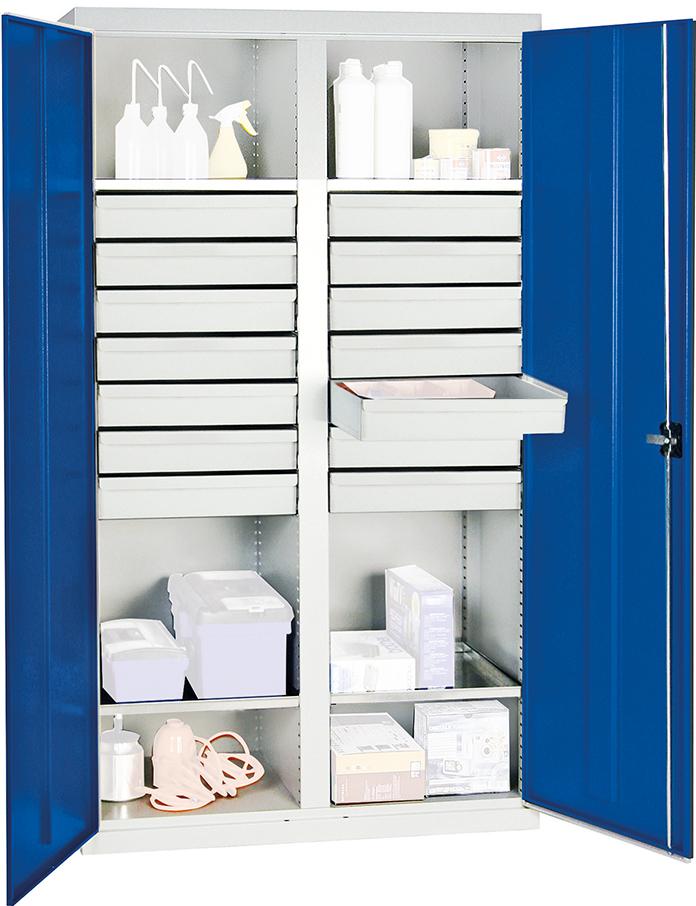 Werkzeugschrank S2000 RAL 7035/5010 4 Wannenböden 14 Schubladen 100mm Werkzeugschrank S2000 RAL 7035/5010 4 Wannenböden 14 Schubladen 100mm