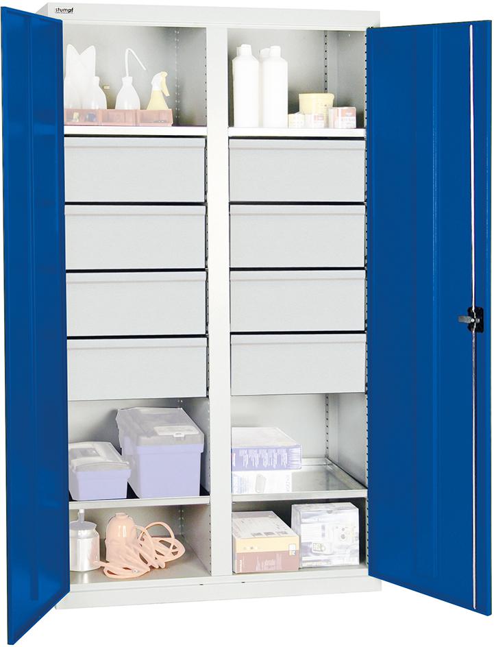 Werkzeugschrank S2000 RAL 7035/5010 4 Wannenböden 6 Schubladen 200 mm Werkzeugschrank S2000 RAL 7035/5010 4 Wannenböden 6 Schubladen 200 mm