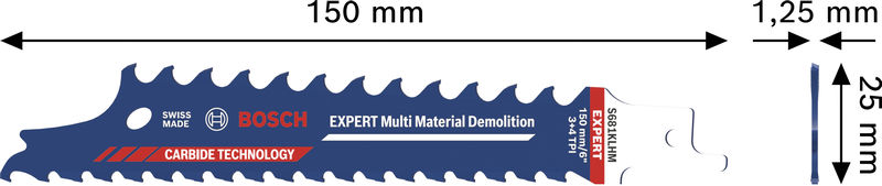 Bosch EXPERT Multi Material Demolition S681KLHM-Sägeblatt, 150 mm. Bild der Produktabmessungen