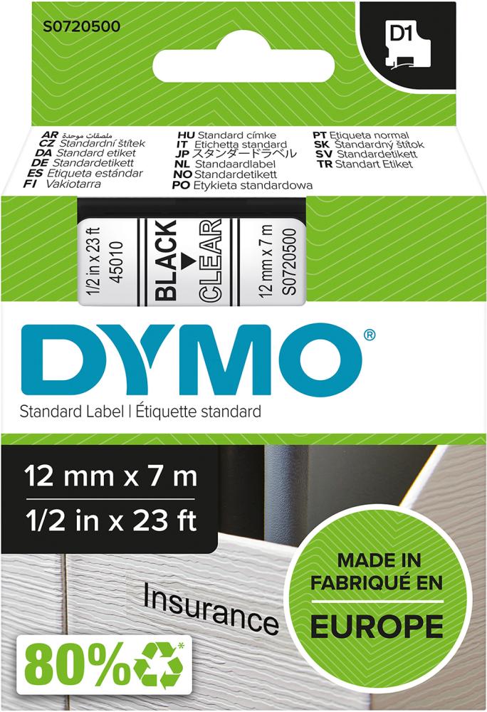 Schriftband D1 45010 schwarz/transparent 12mmx7m DYMO Schriftband D1 45010 schwarz/transparent 12mmx7m DYMO