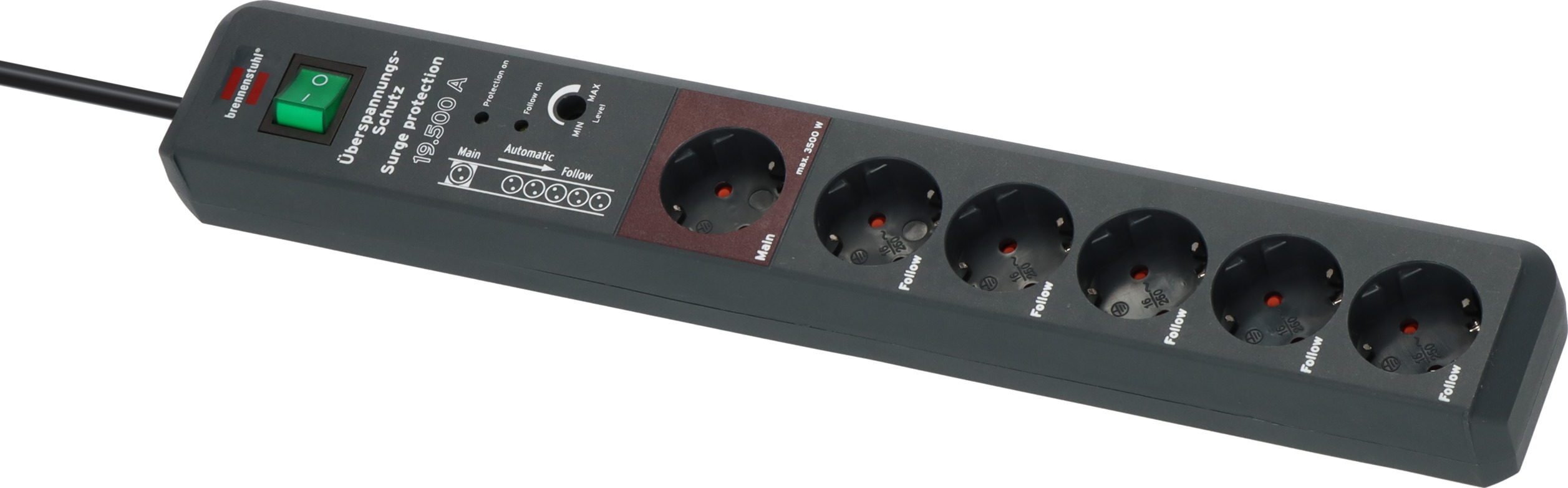 Secure-Tec 19.500A Überspannungsschutz-Automatiksteckdosenleiste  6-fach anthrazit 3m H05VV-F 3G1,5 1xMain 5xFollow
