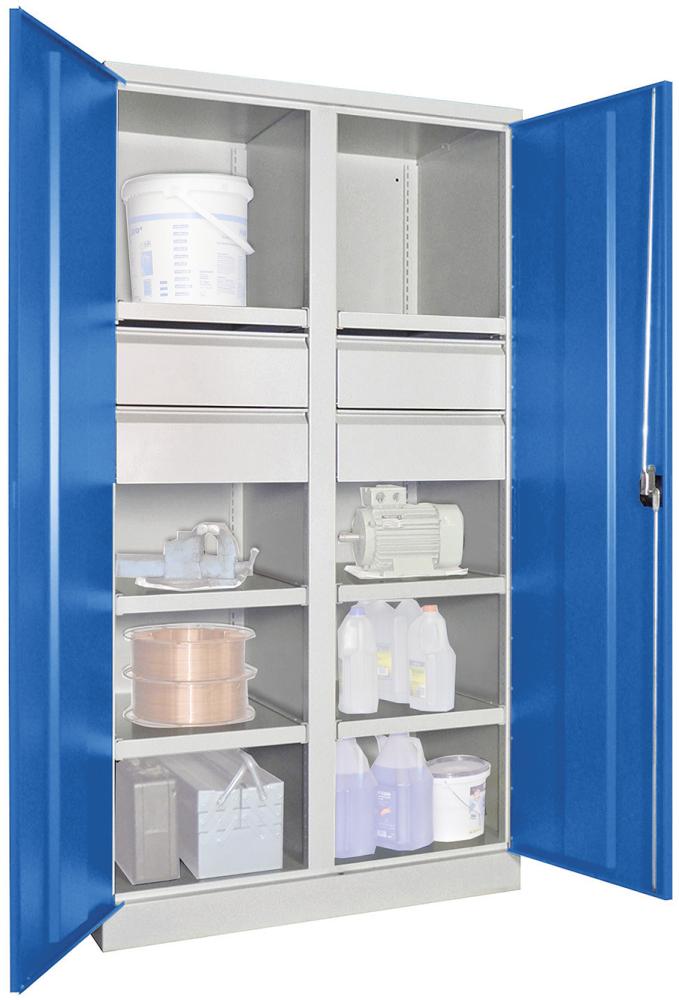 Schwerlastschrank 1950/630/1040 Drehg., mit Trennwand 6 Böden, 4 Schubladen Schwerlastschrank 1950/630/1040 Drehg., mit Trennwand 6 Böden, 4 Schubladen